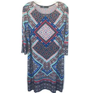 Women Dress Knit Sz 16 Be by Chetta Black Multi Print Half Sleeve Midi Colorful